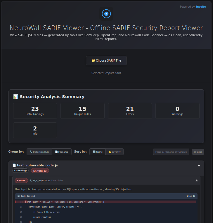 Neurowall SARIF Viewer Screenshot